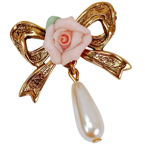 VTG 50s 60s Porcelain Rose Bow Brooch Faux Pearl Drop Mid Century Gold Tone Pin - Picture 1 of 8